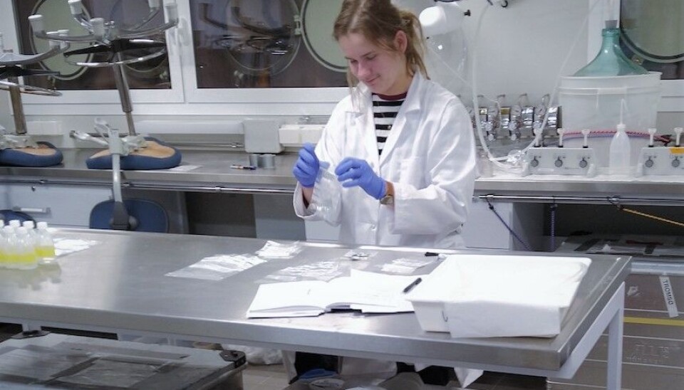 Kristine Cerbule processes water samples in the laboratory on board RV Kronprins Haakon late at night.