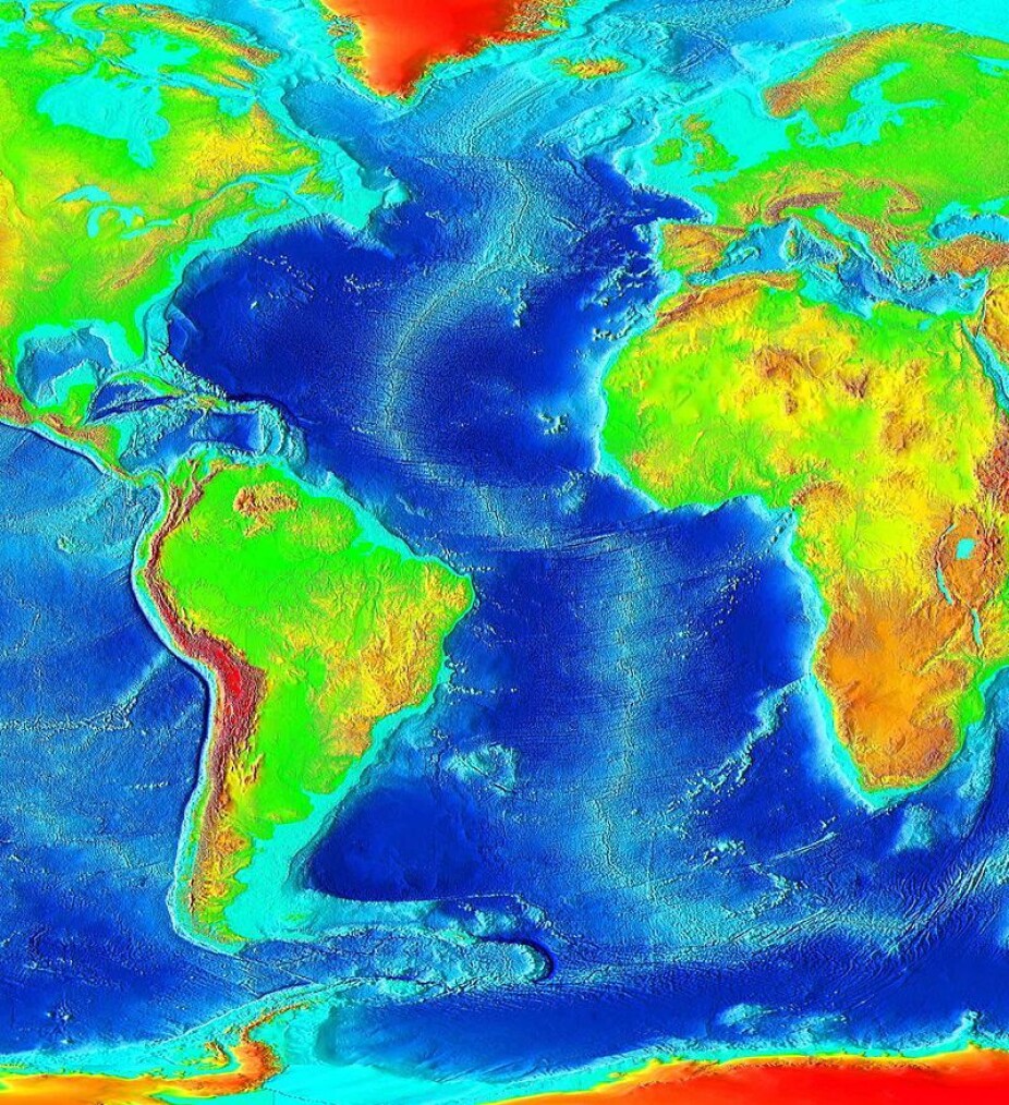 This depth map shows the Mid-Atlantic Ridge, which extends through the Atlantic (and Iceland).