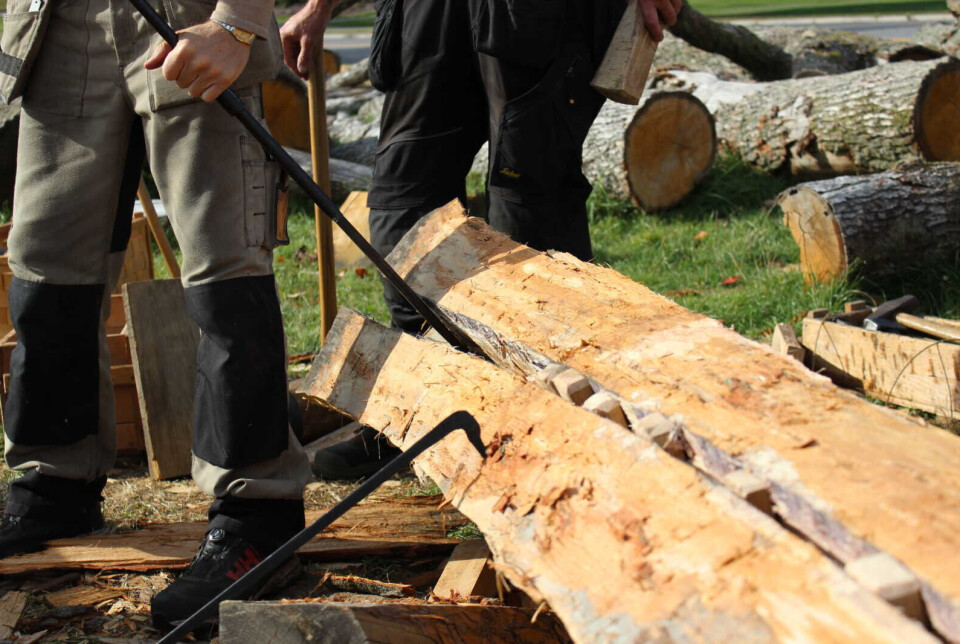 Old methods meet new technology at Oseberg Viking Heritage Foundation. They are now working on a copy of the Gokstad ship. This photo was taken in the autumn during that process.